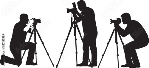 Silhouette photographers using tripods in creative poses, kneeling, standing, crouching, capturing diverse angles and perspectives, professional photography teamwork illustration for stock image 