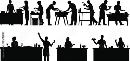 Kitchen cooking people silhouettes chefs preparing food bar service activities restaurant workflow cad drawing flat vector illustration set