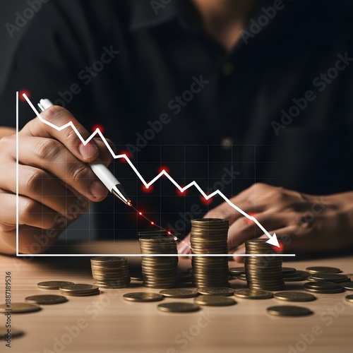 A person analyzing a declining financial graph with coins on a table