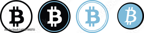 Bitcoin symbol icon set, circular crypto logo variations for digital finance and blockchain theme - flat vector illustration