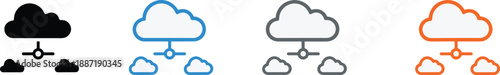 Cloud network icons in multiple styles and colors representing cloud computing and data connectivity - flat vector illustration