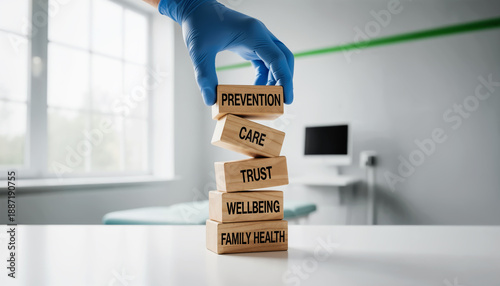 A hand wearing a blue medical glove stacks wooden blocks with words related to health and well-being in a modern medical consultation, symbolizing prevention, care, and trust. With the text, family he