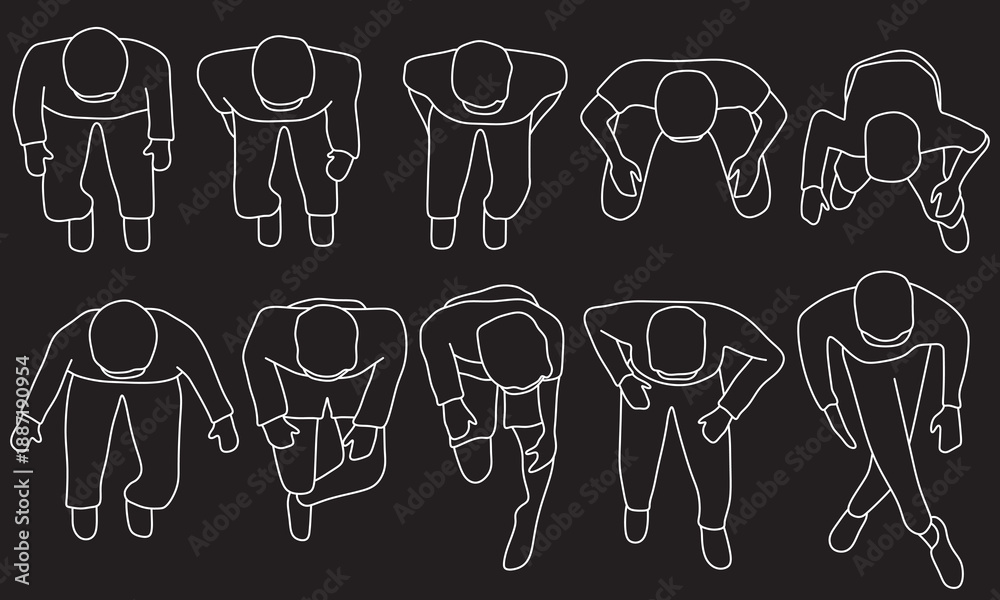 Naklejka premium Sitting men, top view, body postures, resting and reclined, plan, different poses, customizable stroke, vector