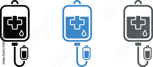 IV fluid bag icon with medical cross and droplet in multiple colors for healthcare and hospital use - flat vector illustration