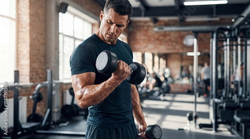 Muscular man with intense concentration performs a bicep curl using heavy black dumbbells inside a rustic, industrial-style weight room with exposed brick.