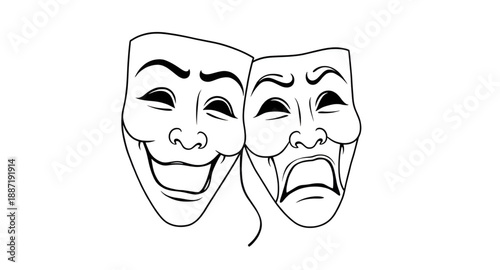 comedy, tragedy, masks, theater, theatre, drama, theatrical, acting, actor, performance, stage, play, arts, culture, classic, greek, emotion, happy, sad, facialexpression, outline, lineart, line, stro