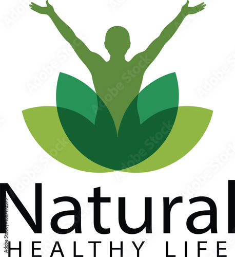 Healthy lifestyle logo with green lotus and person, wellness and yoga symbol