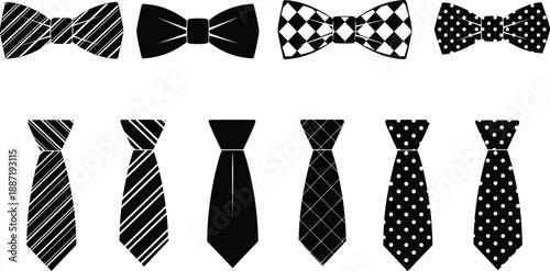 Bow tie and necktie silhouettes collection, patterned formal accessories, fashion vector set with stripes, dots, diamond designs for elegant menswear
