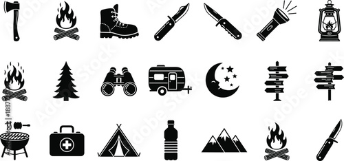 Camping and outdoor adventure icon set with tools, fire, tent, knife, lantern, caravan, mountains, forest and survival equipment symbols