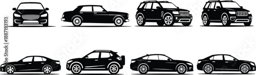 Car silhouette collection with sedan and SUV side views, modern vehicle vector set for automotive branding, transportation design, web, app