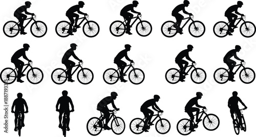 Cycling silhouette collection showing riders in multiple positions and angles, black vector set for sport, fitness, transportation and outdoor activity design
