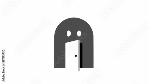 Minimalist ghost-like figure with an open door as its mouth.