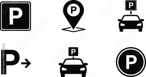 Parking icons set in black and white, map pin, car symbols, navigation signs, modern vector illustration for apps signage design
