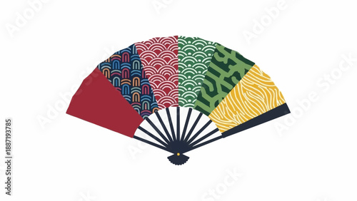 Japanese folding fan with colorful traditional patterns.