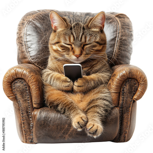 Tabby cat sitting on an armchair and holding a phone, isolated on white transparent background