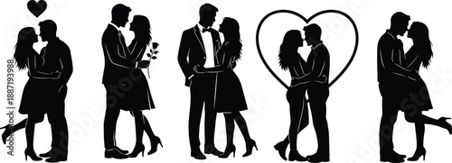 Romantic couple silhouette icon set featuring love hugs kisses heart symbols dating passion isolated black vector illustrations