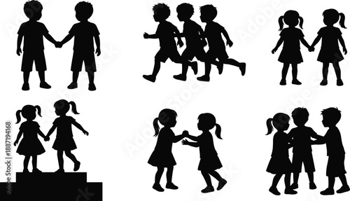 Children silhouette icon set showing kids playing running holding hands friendship activities isolated black vector figures illustrations