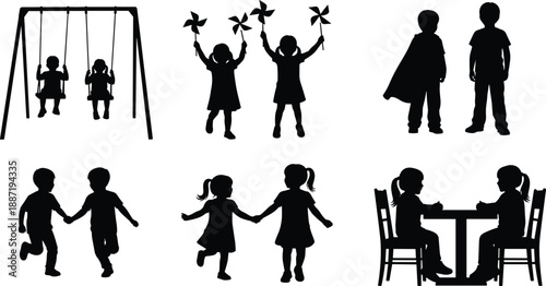 Children silhouette icon set showing kids playing friendship activities family moments leisure scenes isolated black vector figures illustrations