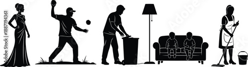 People silhouette icon set showing daily life activities including sports housework family leisure and waste management isolated black vector figures