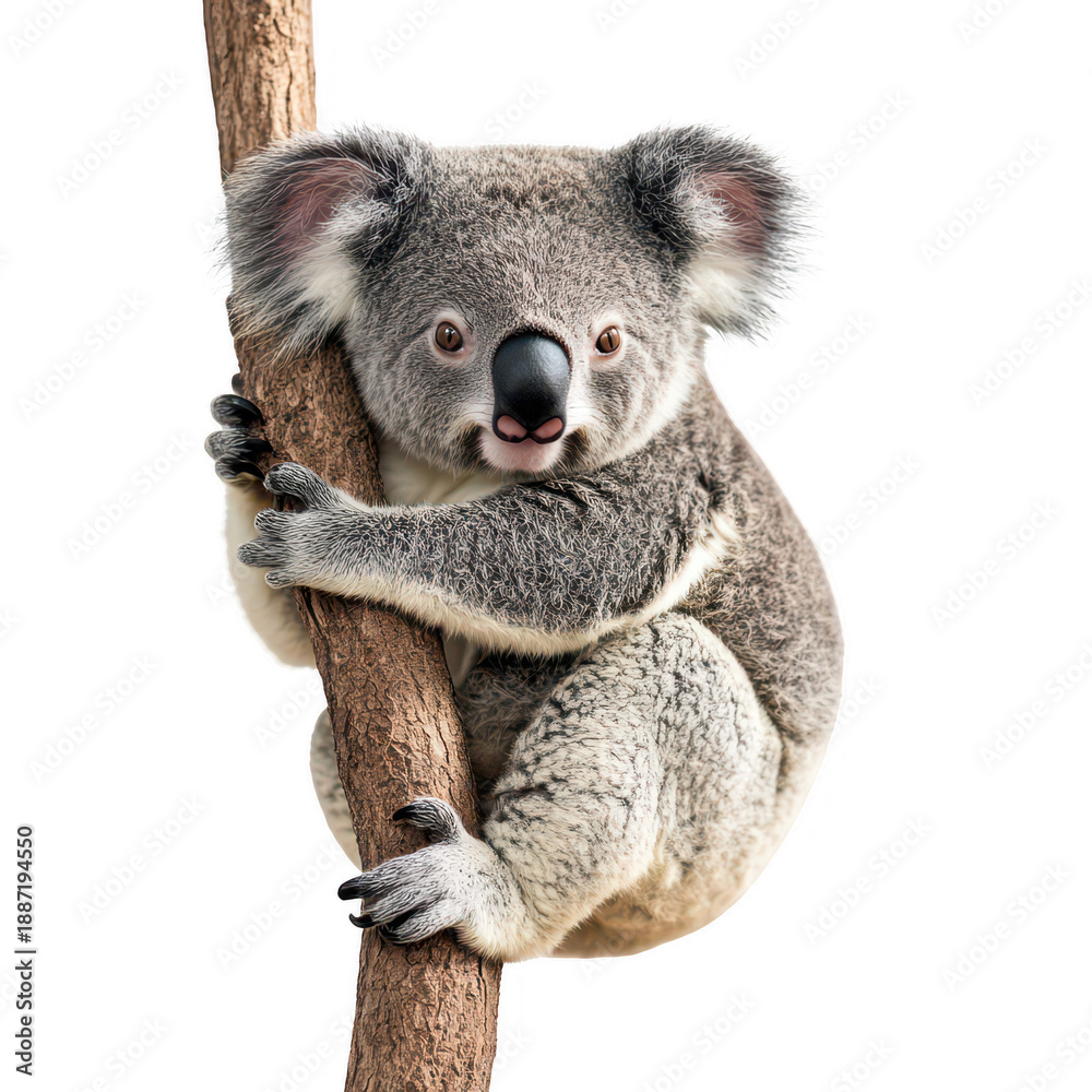 Fototapeta premium A koala bear on tree branch, isolated on transparent background