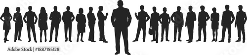 Business people silhouette group illustration showing professional team and leader standing together isolated on white background for corporate, leadership and teamwork concepts