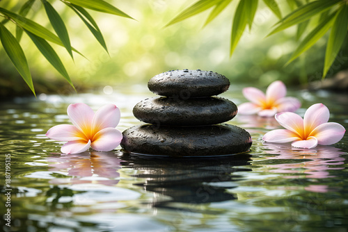 Zen Basalt Stones Stacked in Water with Floating Frangipani Flowers and Bamboo Leaves.
