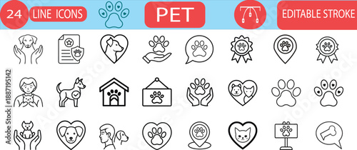 Pet care line icon set, domestic dog and cat, paw print protection, animal shelter house, veterinary insurance, adoption love, and more vector illustration with editable stroke.