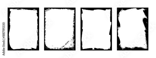 Grunge overlay frames, textured stamps with brush stroke effect. Vector template with rough edges. Four high-contrast grunge brush borders with distressed edges. Ideal as texture overlays. Vector set