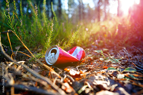 Discarded Soda Can Rests in Forest Surrounded by Leaves, Greenery. Bright red soda can lies crumpled on forest ground. Soda can thrown away in forest. Rubbish thrown in forest after tourists camping.