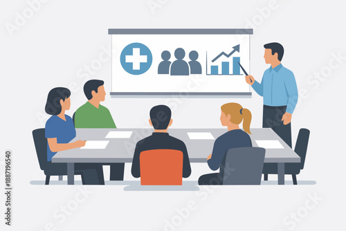 Diverse team in business meeting with presentation on success metrics