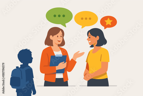 Parent-teacher conference with educator, parent, and child discussing progress