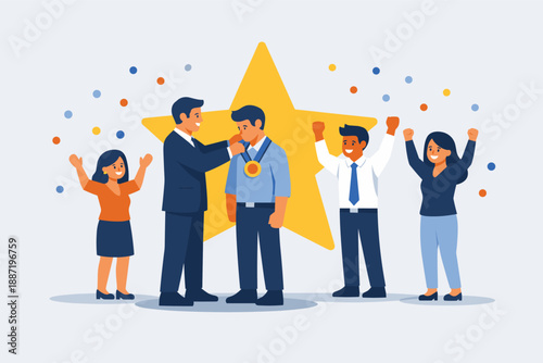 Celebration of achievement with diverse group awarding a medal to a young caucasian male