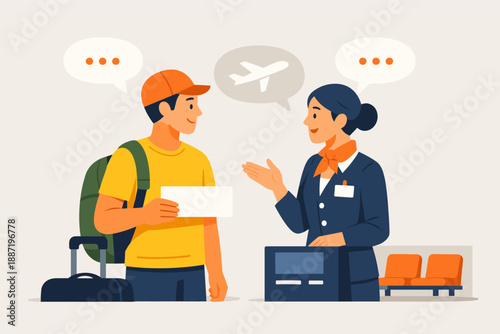 Asian male traveler and caucasian female flight attendant at airport check-in desk