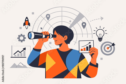 Young asian male analyzing market trends with telescope and charts