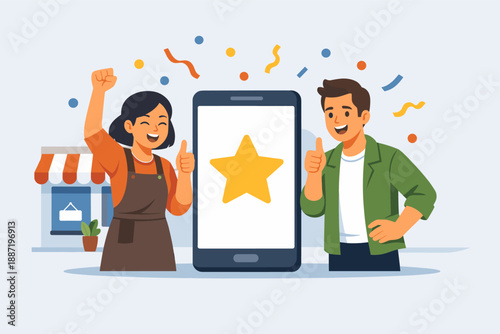 Happy asian female shop owner celebrates positive review with young caucasian male customer