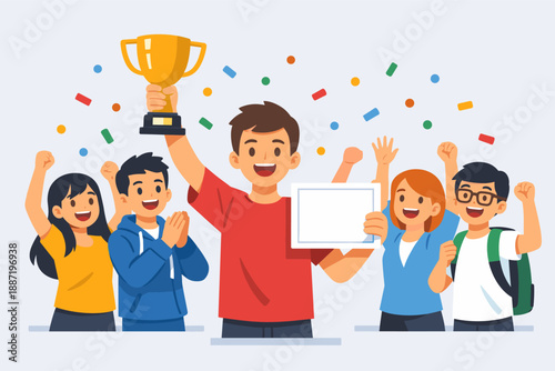 Diverse group of joyful teens celebrating with trophy and certificate in confetti-filled victory