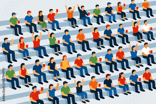 Crowd of diverse individuals cheering and seated in grandstands