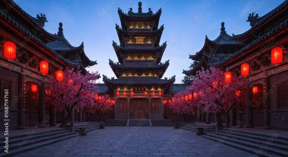 Fototapeta premium Tranquil dusk scene; courtyard, ornate multi-tiered structure, cherry blossom trees, lanterns