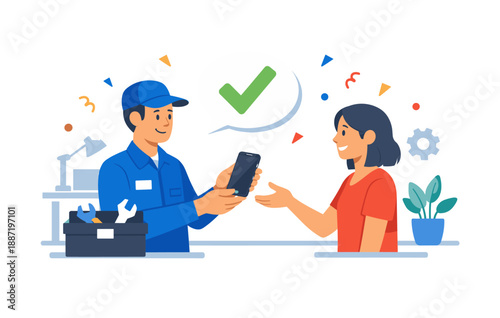 Male technician assisting female customer in electronics repair shop