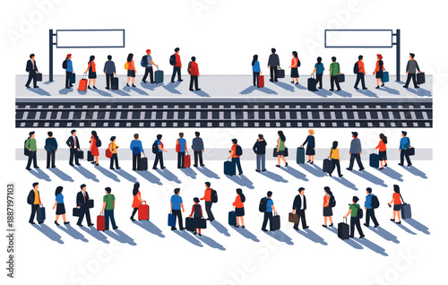 Diverse crowd of commuters waiting at train station platform