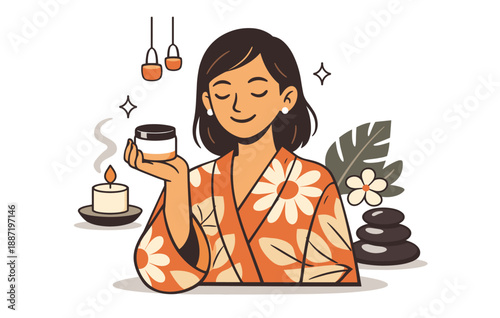 Relaxed asian female enjoying spa treatment with aromatherapy and skincare