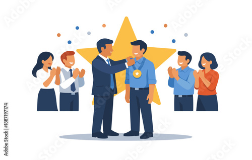 Business team celebrating employee achievement with applause and star in background