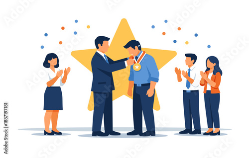 Celebratory office award ceremony with colleagues applauding a medal recipient