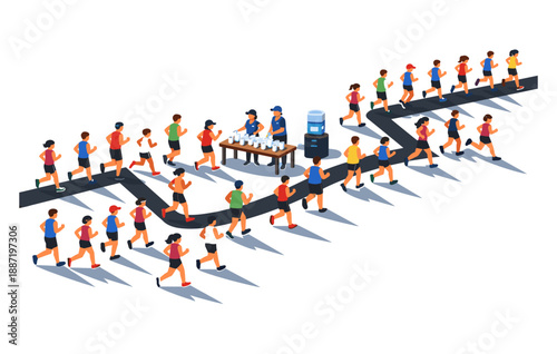 Isometric marathon scene with runners and water station on white background