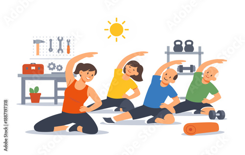 Group exercise session with diverse people stretching in home gym setting