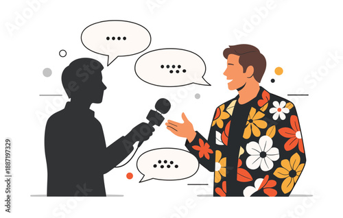 Male interviewee in floral jacket speaking to interviewer with microphone