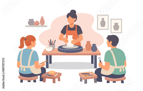 Artistic pottery class with female instructor and two young students in creative studio