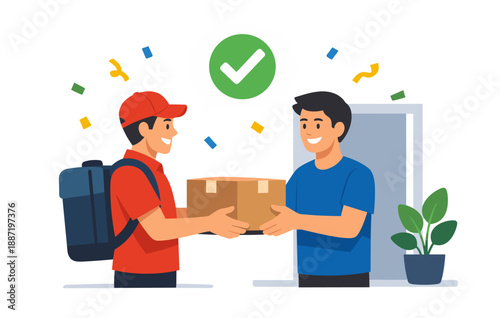 Male asian delivery worker handing package to happy young male asian customer