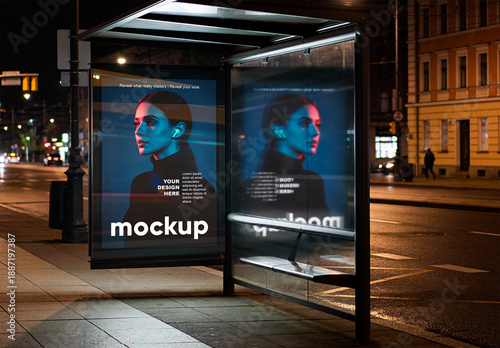 Urban Bus Stop Lightbox Mockup with Glass Reflection at Night