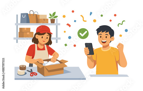 Female worker packing box and male customer celebrating order with smartphone